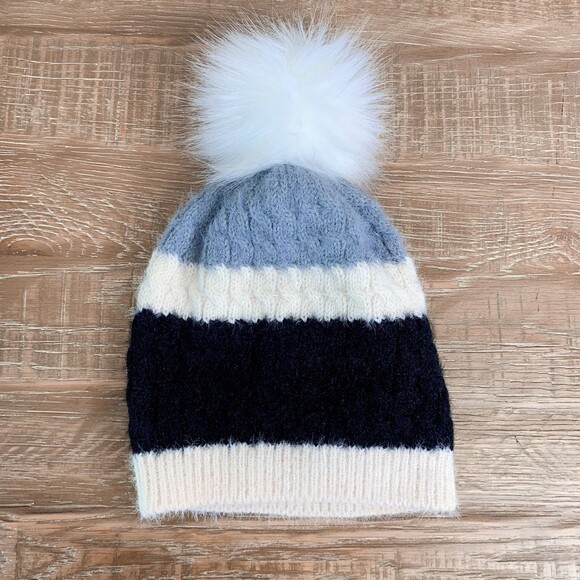 Pom Pom Beanie eyelash knit black gray white stripe - Picture 1 of 5